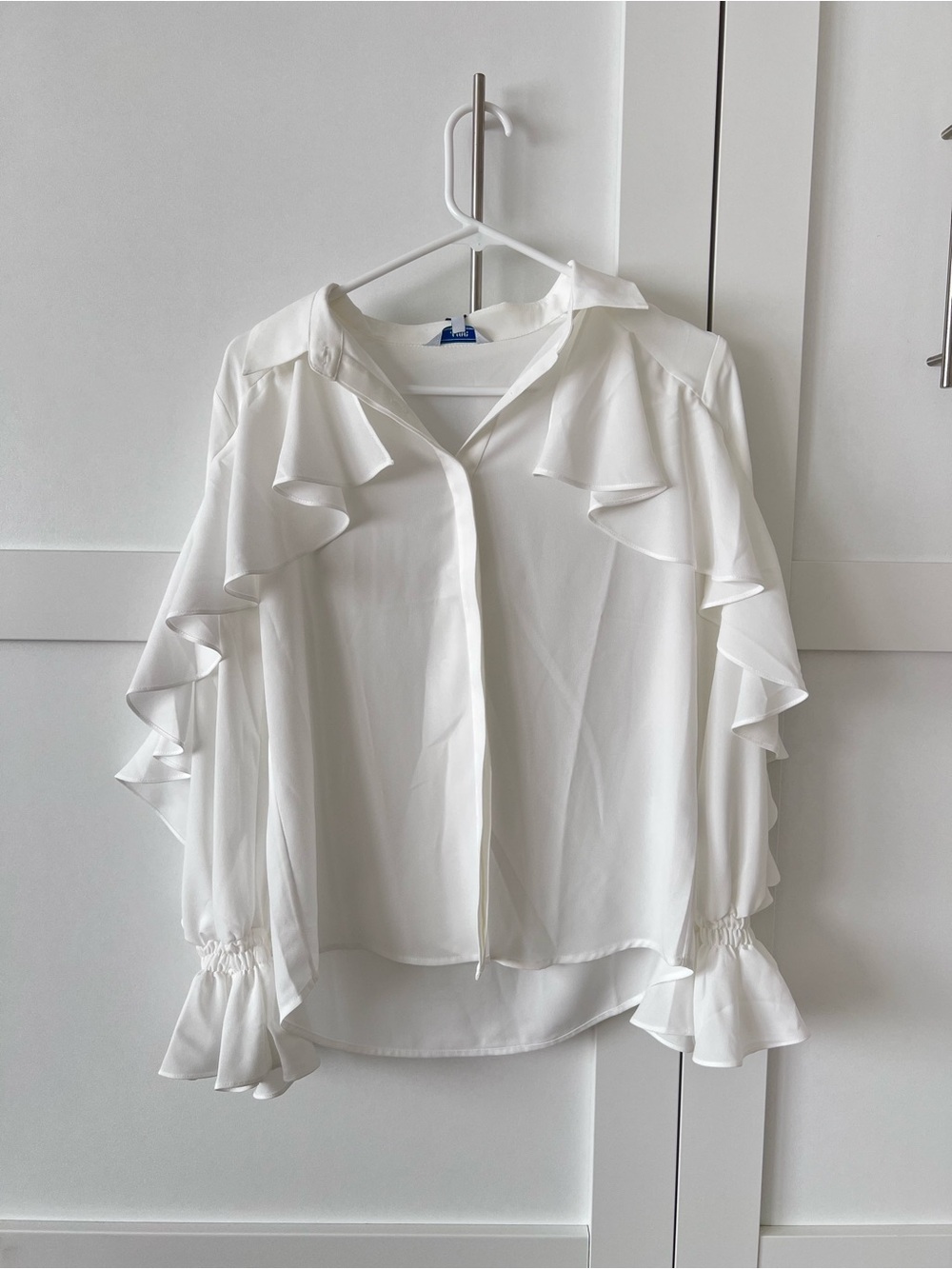 Elegant White Ruffle-Trim Button Front Blouse